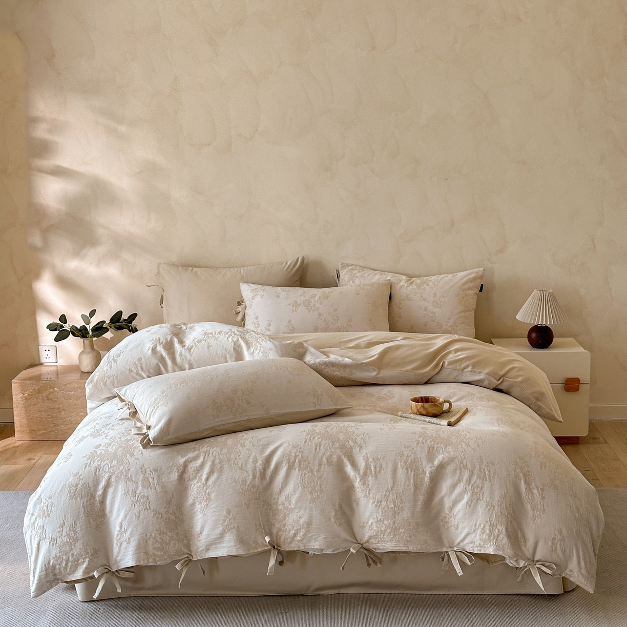 91家纺网 家纺一手货源 找家纺 （总）宜代光年 2025新款亚麻大提花贡缎磨毛四件套-小清新风