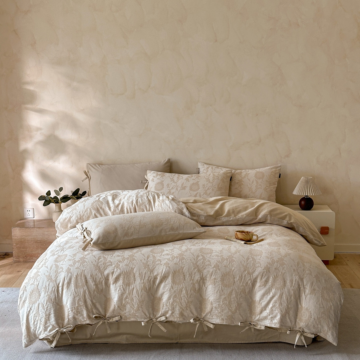 宜代光年 2025新款亚麻大提花贡缎磨毛四件套-小清新风 向日葵-米麻