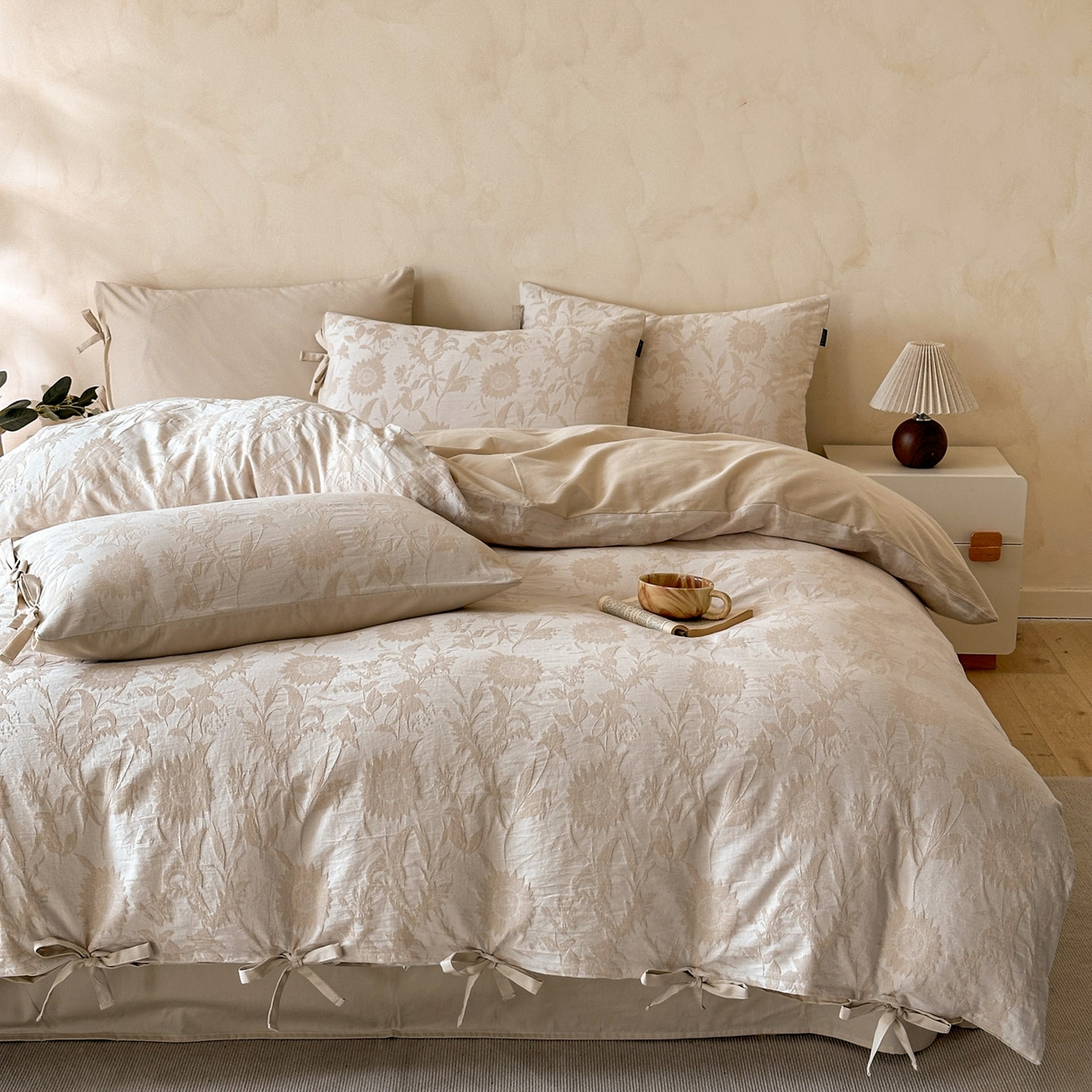 91家纺网 家纺一手货源 找家纺 宜代光年 2025新款亚麻大提花贡缎磨毛四件套-小清新风 向日葵-米麻