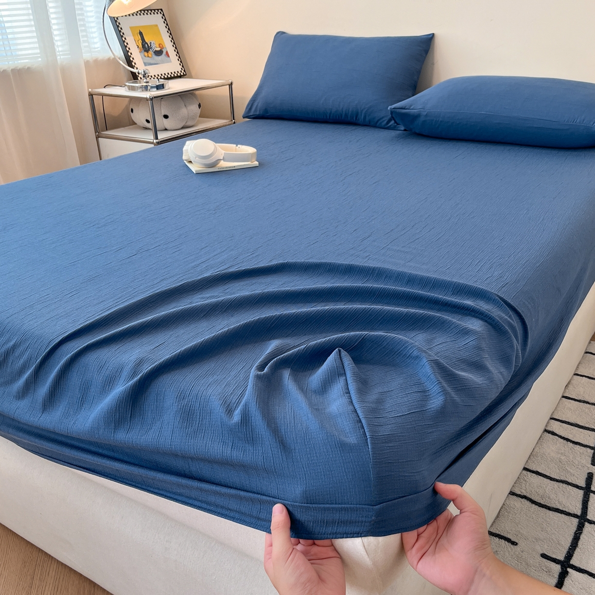 91家纺网 家纺一手货源 找家纺 瑞钰 2025新款透气云感三层纱床笠 军蓝