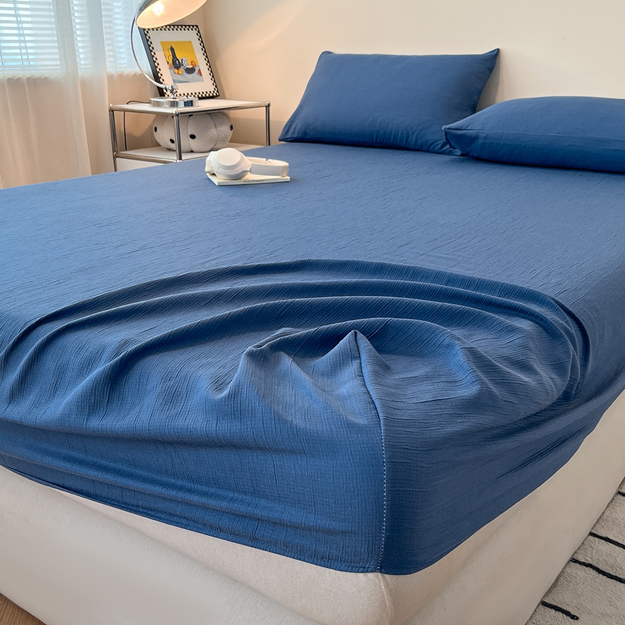 91家纺网 家纺一手货源 找家纺 瑞钰 2025新款透气云感三层纱床笠 军蓝