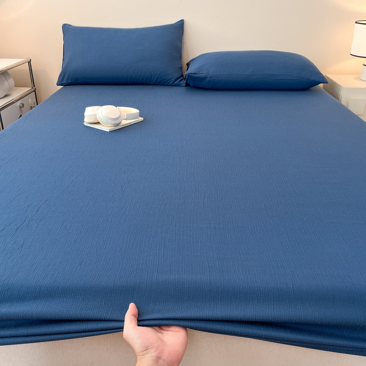 91家纺网 家纺一手货源 找家纺 瑞钰 2025新款透气云感三层纱床笠 军蓝