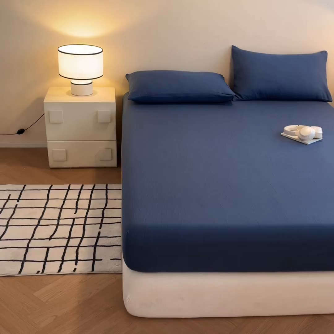 91家纺网 家纺一手货源 找家纺 瑞钰 2025新款透气云感三层纱床笠 军蓝