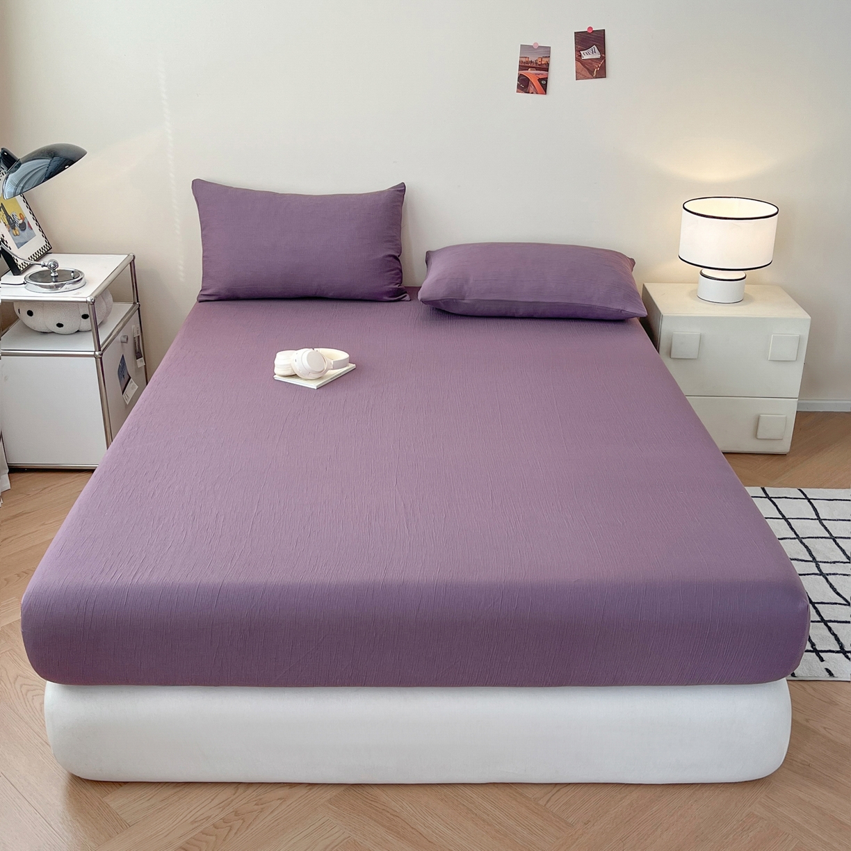 91家纺网 家纺一手货源 找家纺 瑞钰 2025新款透气云感三层纱床笠 木槿紫