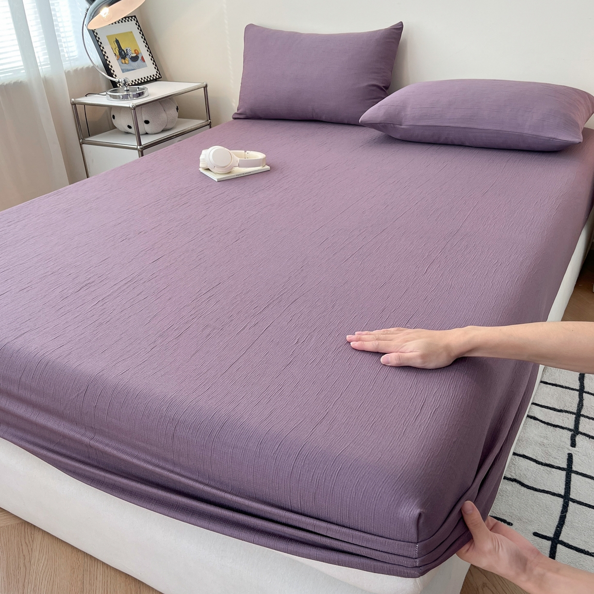 91家纺网 家纺一手货源 找家纺 瑞钰 2025新款透气云感三层纱床笠 木槿紫