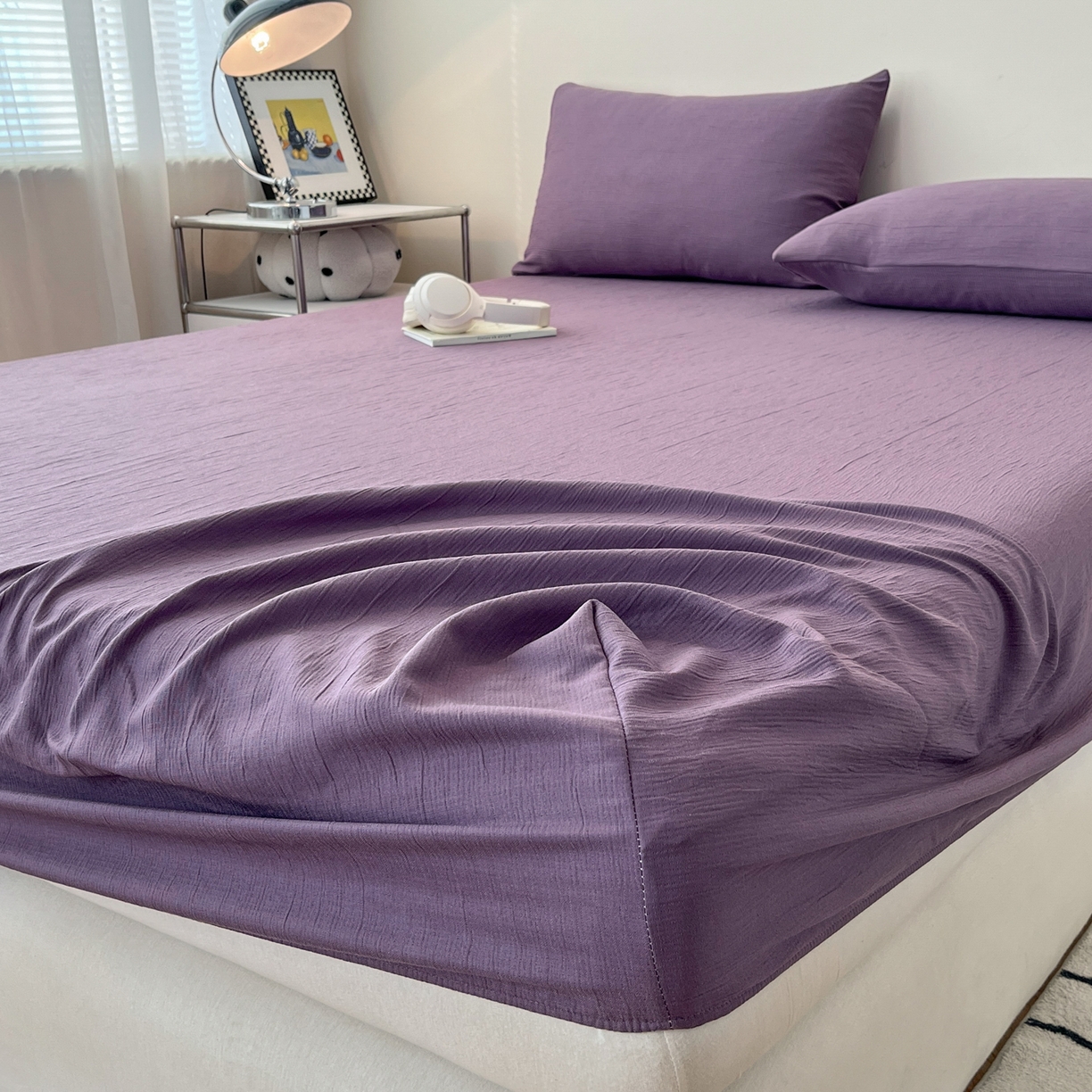 91家纺网 家纺一手货源 找家纺 瑞钰 2025新款透气云感三层纱床笠 木槿紫