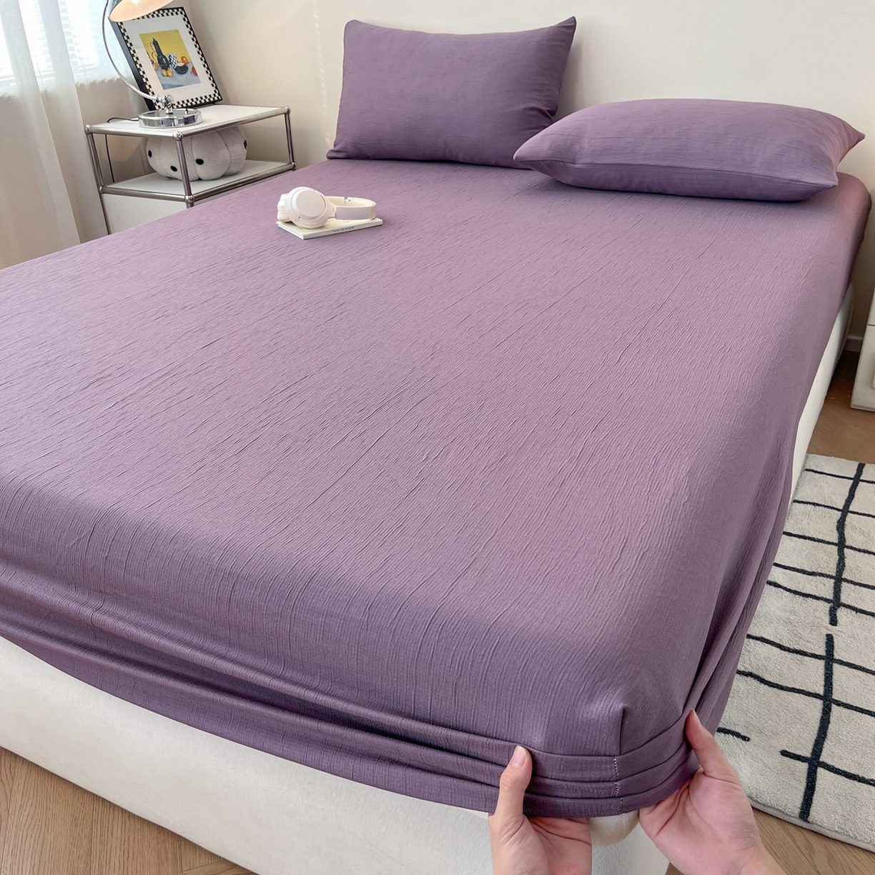 91家纺网 家纺一手货源 找家纺 瑞钰 2025新款透气云感三层纱床笠 木槿紫