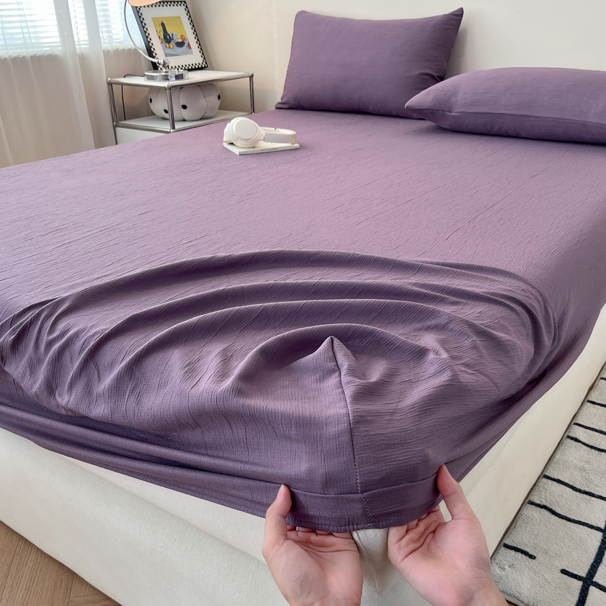 91家纺网 家纺一手货源 找家纺 瑞钰 2025新款透气云感三层纱床笠 木槿紫