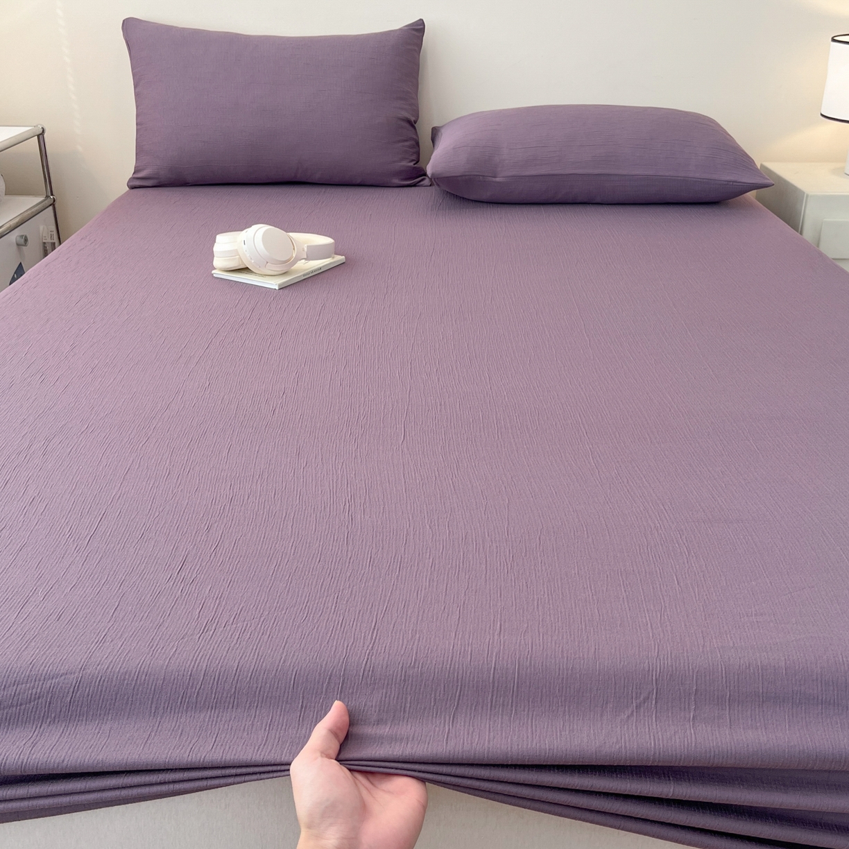 91家纺网 家纺一手货源 找家纺 瑞钰 2025新款透气云感三层纱床笠 木槿紫