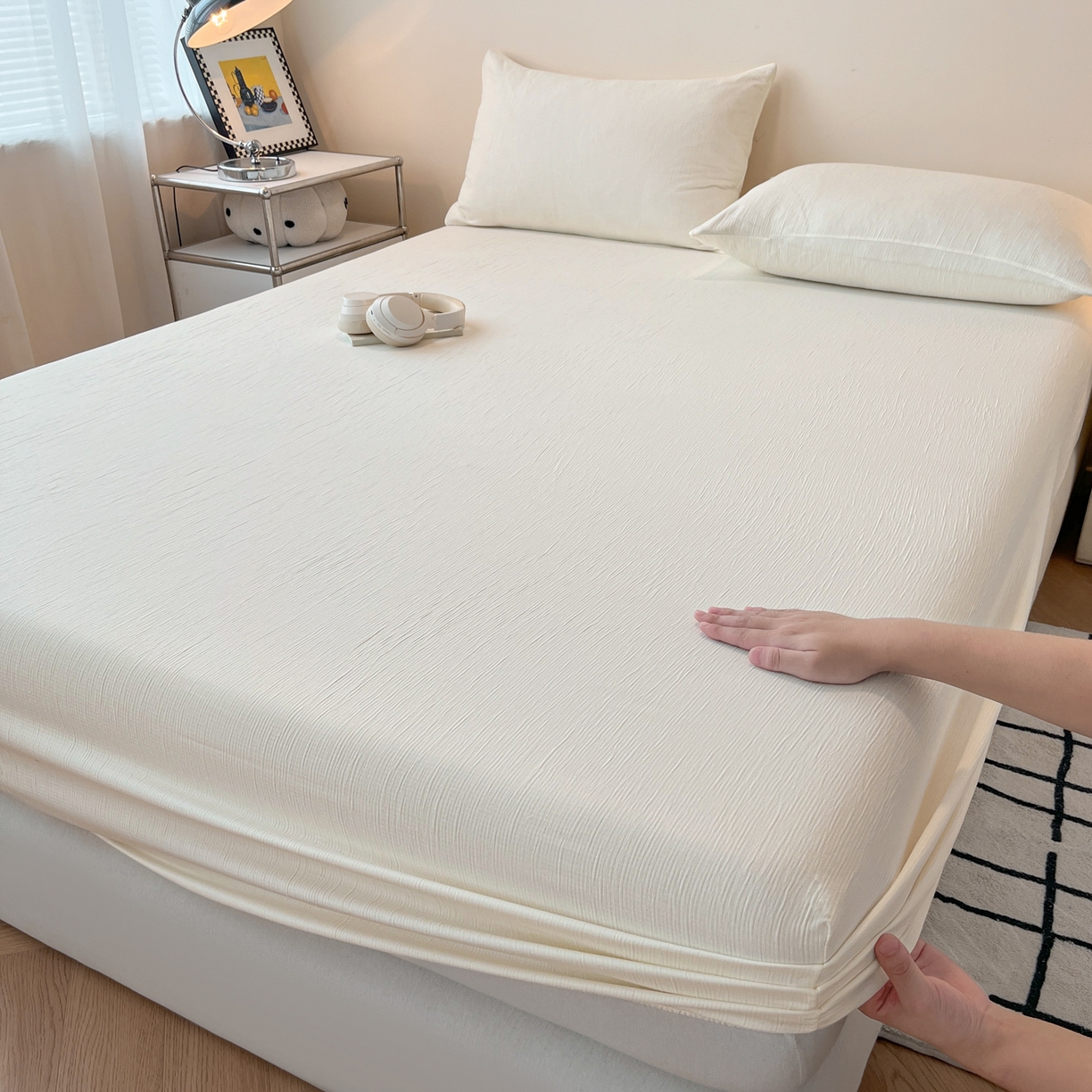 91家纺网 家纺一手货源 找家纺 瑞钰 2025新款透气云感三层纱床笠 奶昔白