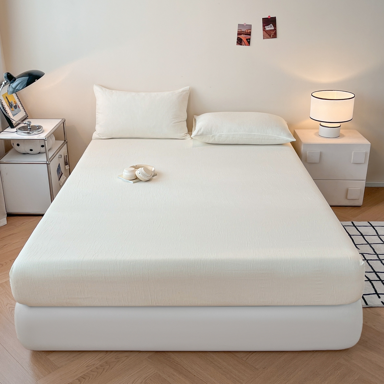 91家纺网 家纺一手货源 找家纺 瑞钰 2025新款透气云感三层纱床笠 奶昔白