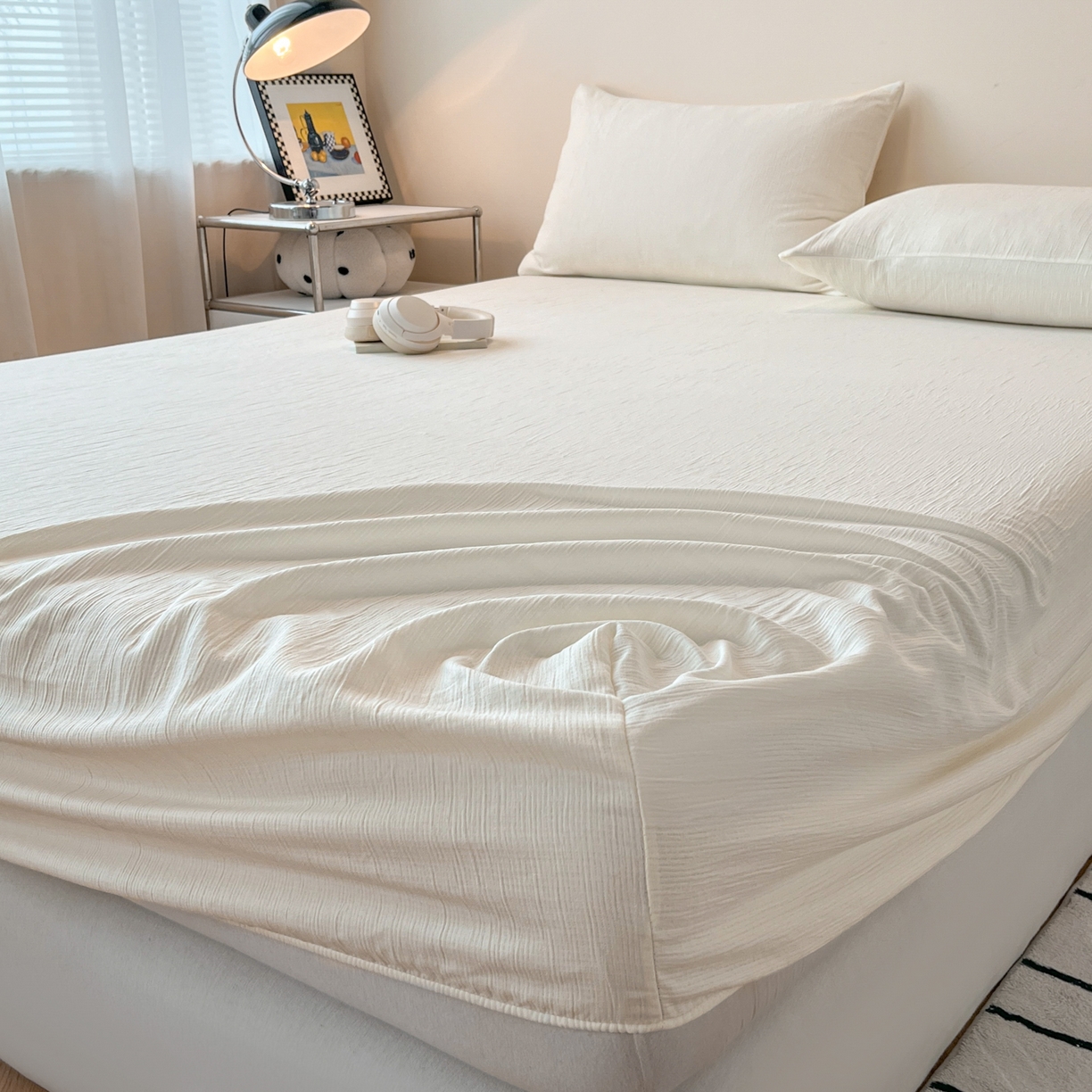 91家纺网 家纺一手货源 找家纺 瑞钰 2025新款透气云感三层纱床笠 奶昔白