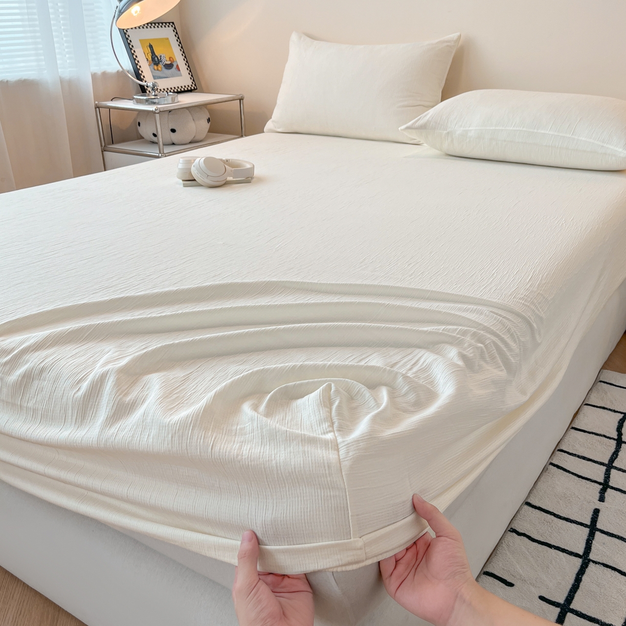 91家纺网 家纺一手货源 找家纺 瑞钰 2025新款透气云感三层纱床笠 奶昔白