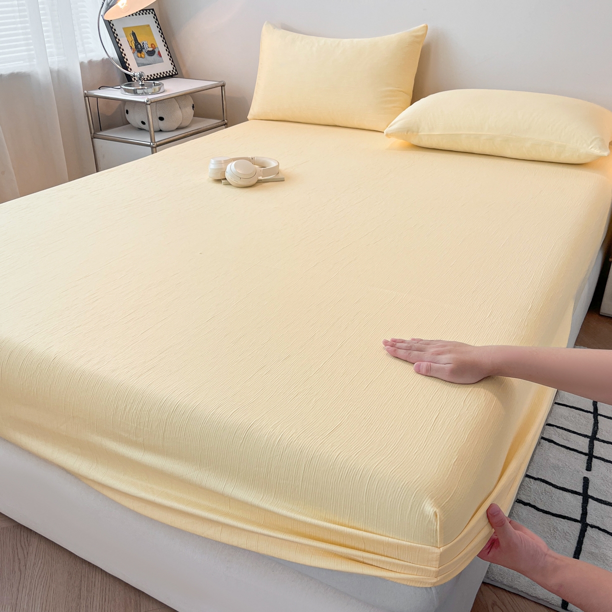 91家纺网 家纺一手货源 找家纺 瑞钰 2025新款透气云感三层纱床笠 奶油黄