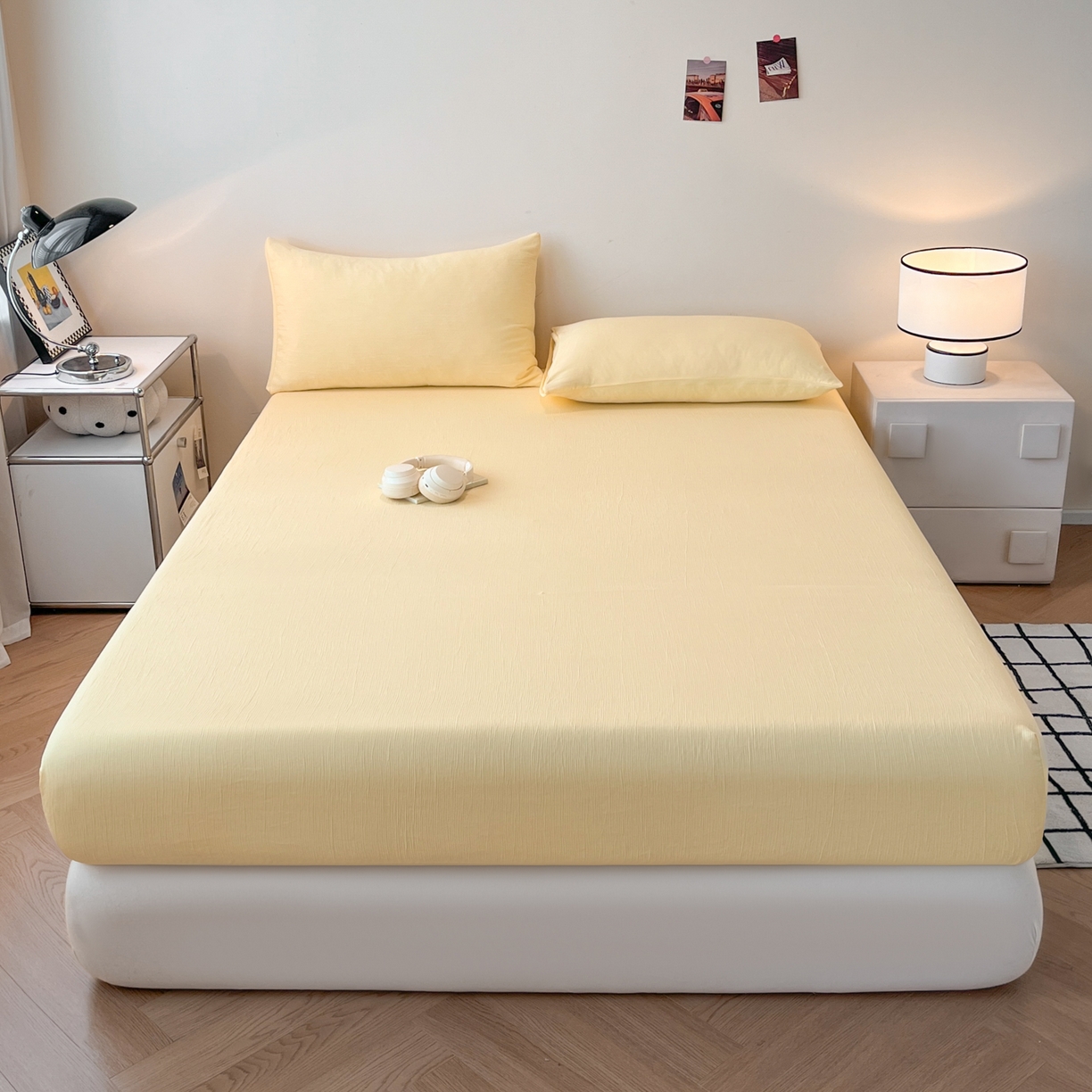 91家纺网 家纺一手货源 找家纺 瑞钰 2025新款透气云感三层纱床笠 奶油黄