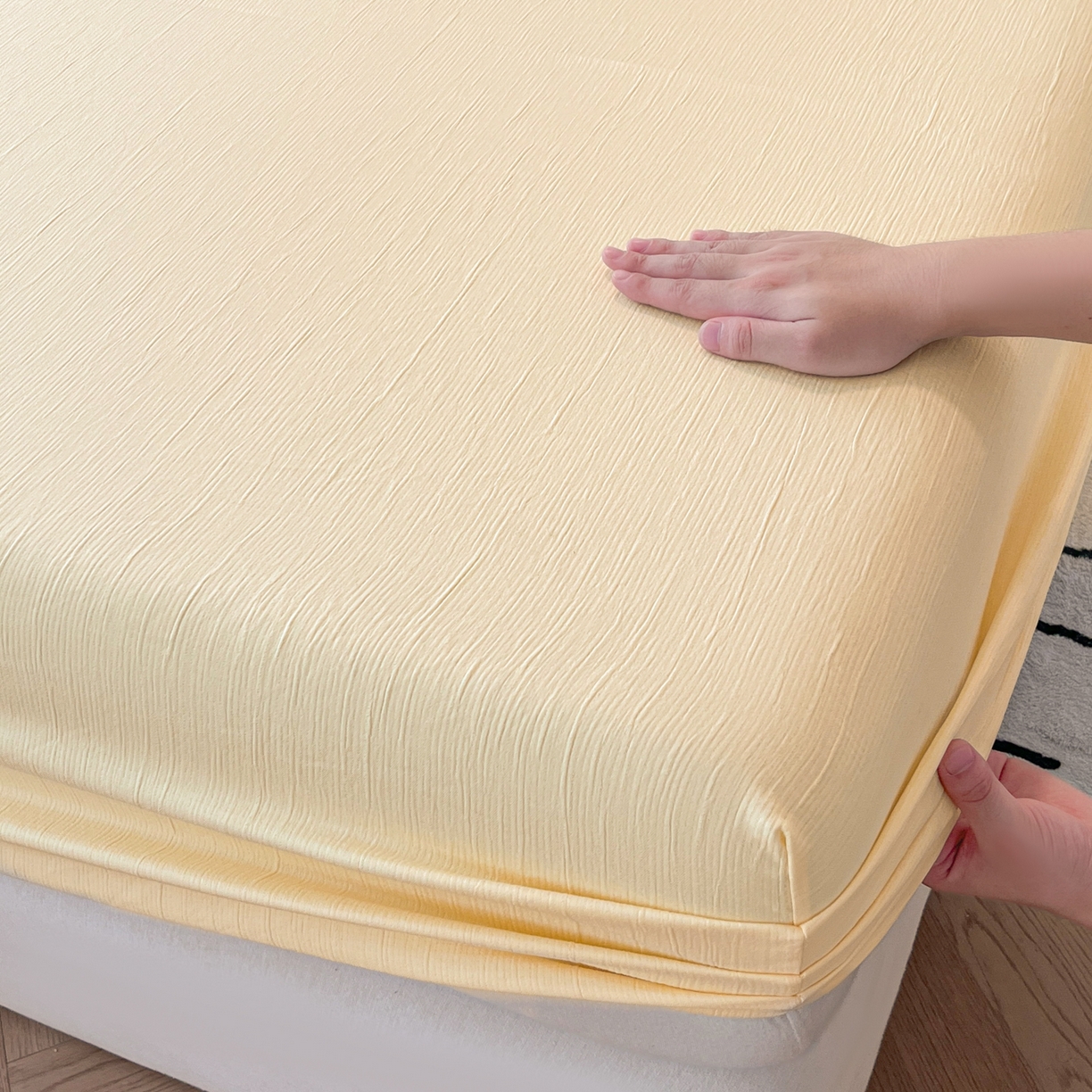 91家纺网 家纺一手货源 找家纺 瑞钰 2025新款透气云感三层纱床笠 奶油黄