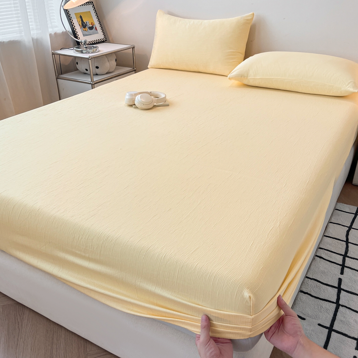 91家纺网 家纺一手货源 找家纺 瑞钰 2025新款透气云感三层纱床笠 奶油黄