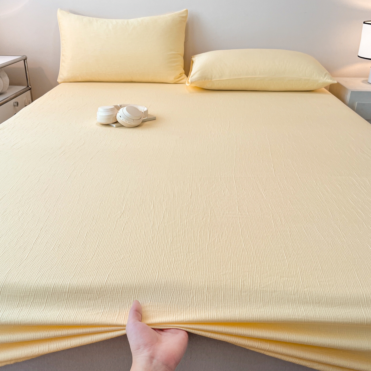 91家纺网 家纺一手货源 找家纺 瑞钰 2025新款透气云感三层纱床笠 奶油黄