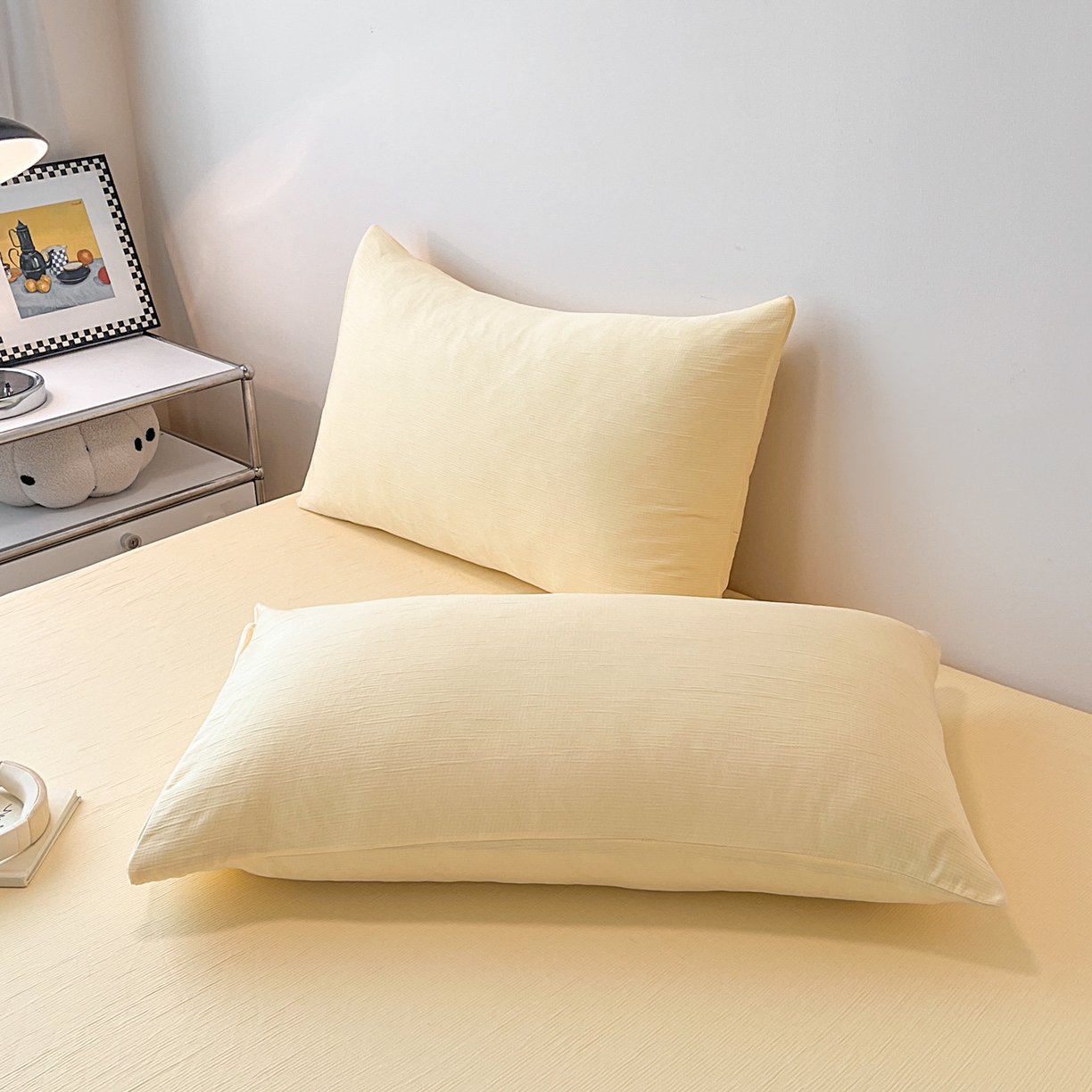 91家纺网 家纺一手货源 找家纺 瑞钰 2025新款透气云感三层纱床笠 奶油黄