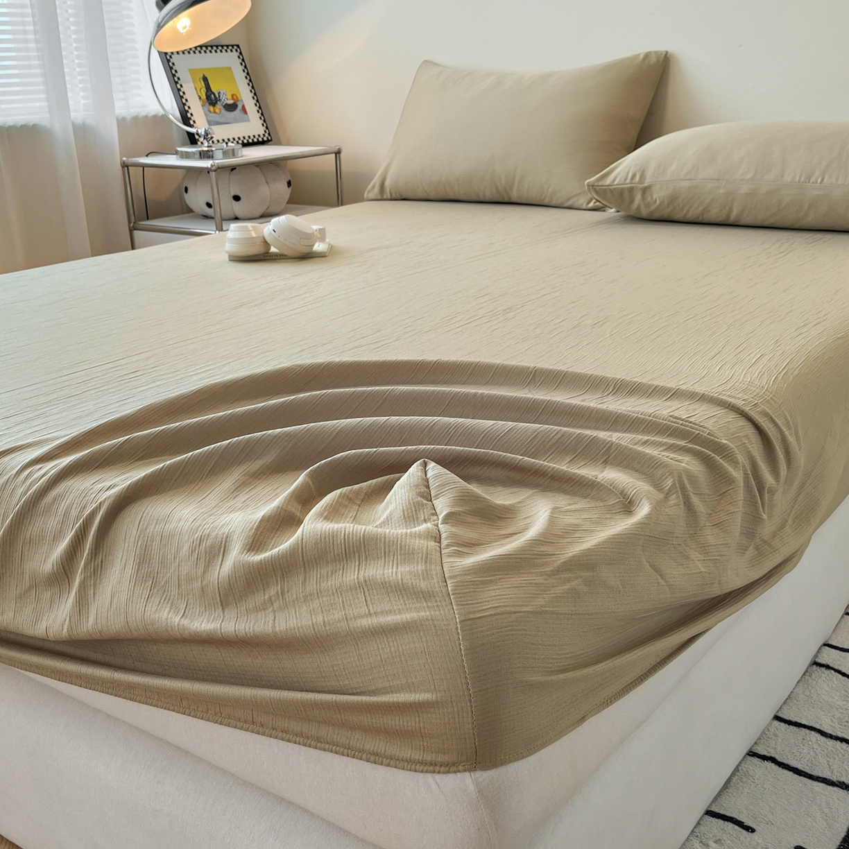 91家纺网 家纺一手货源 找家纺 瑞钰 2025新款透气云感三层纱床笠 浅咖