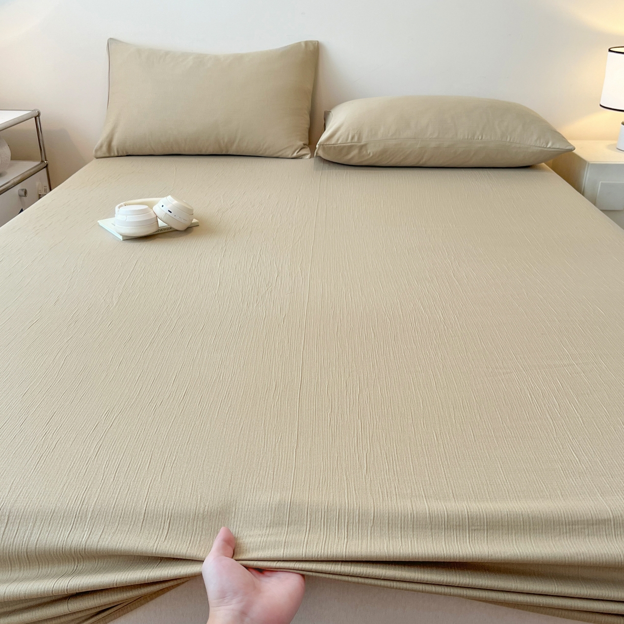 91家纺网 家纺一手货源 找家纺 瑞钰 2025新款透气云感三层纱床笠 浅咖