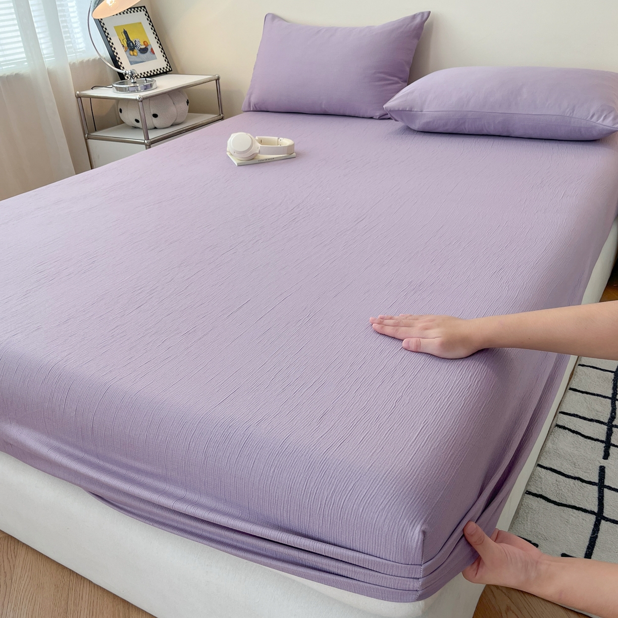 91家纺网 家纺一手货源 找家纺 瑞钰 2025新款透气云感三层纱床笠 柔幻紫