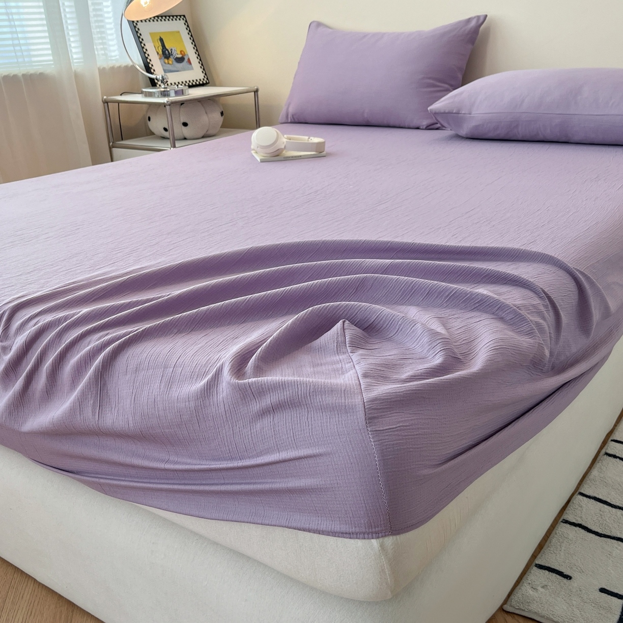 91家纺网 家纺一手货源 找家纺 瑞钰 2025新款透气云感三层纱床笠 柔幻紫