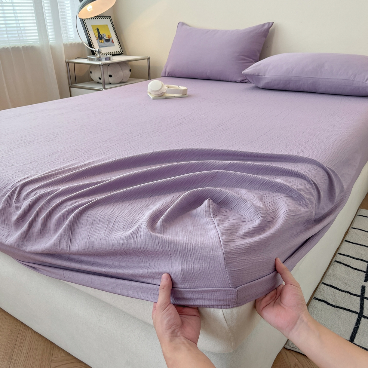 91家纺网 家纺一手货源 找家纺 瑞钰 2025新款透气云感三层纱床笠 柔幻紫