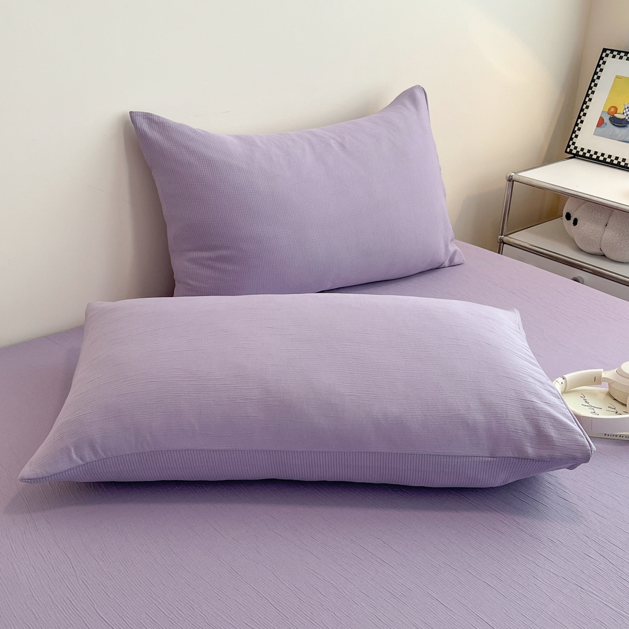 91家纺网 家纺一手货源 找家纺 瑞钰 2025新款透气云感三层纱床笠 柔幻紫