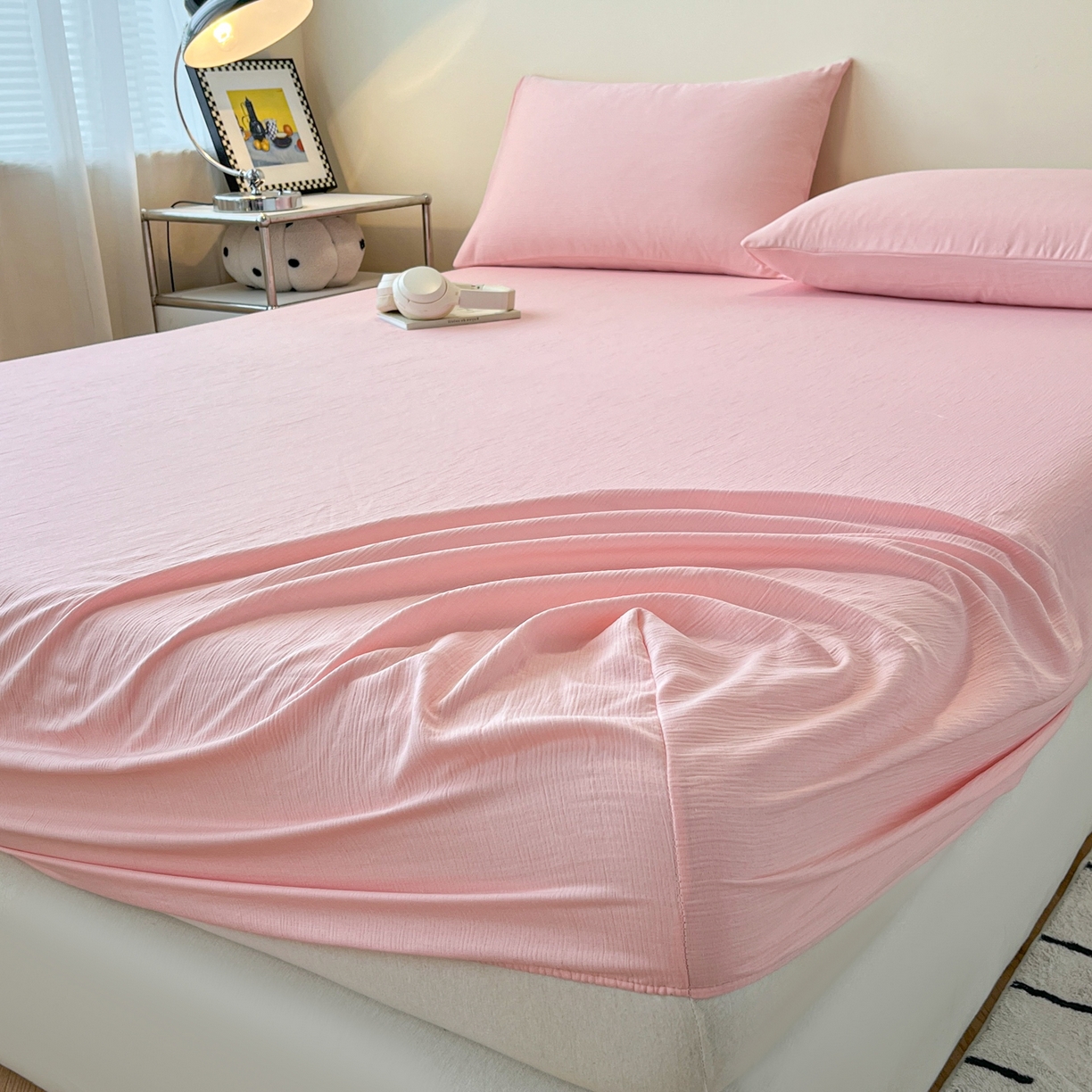 91家纺网 家纺一手货源 找家纺 瑞钰 2025新款透气云感三层纱床笠 韶粉