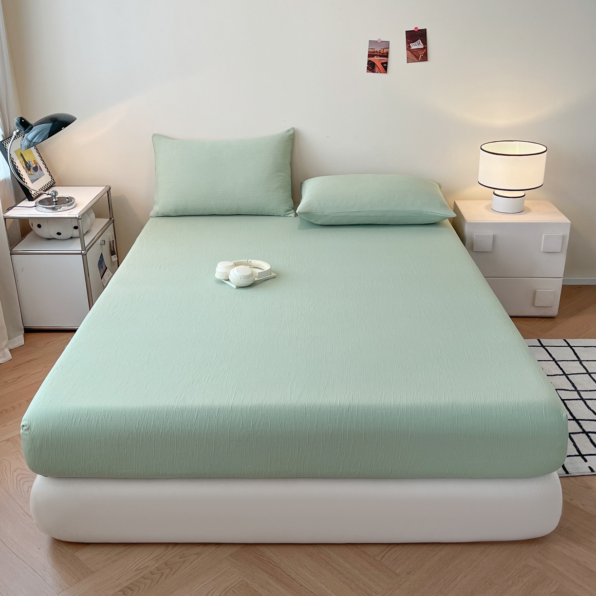 91家纺网 家纺一手货源 找家纺 瑞钰 2025新款透气云感三层纱床笠 水绿