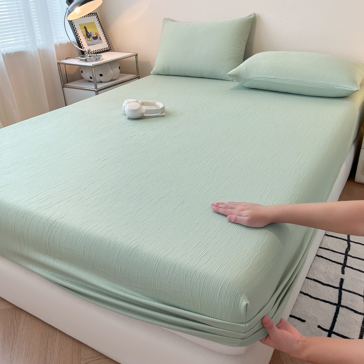 91家纺网 家纺一手货源 找家纺 瑞钰 2025新款透气云感三层纱床笠 水绿