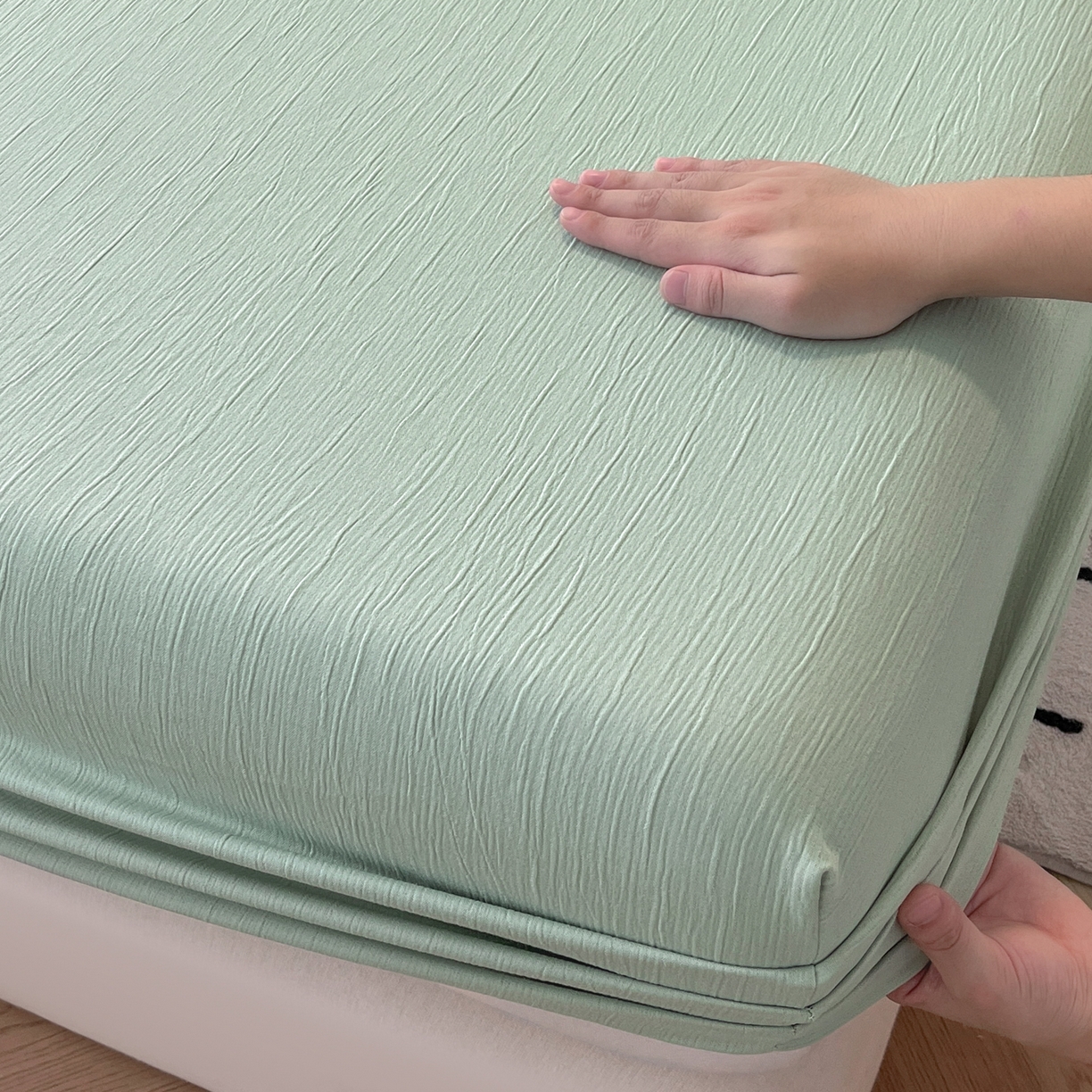 91家纺网 家纺一手货源 找家纺 瑞钰 2025新款透气云感三层纱床笠 水绿