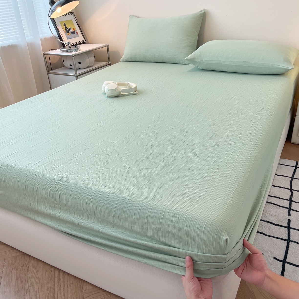 91家纺网 家纺一手货源 找家纺 瑞钰 2025新款透气云感三层纱床笠 水绿