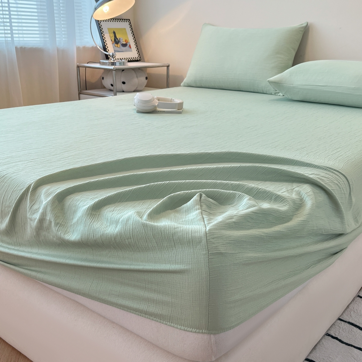 91家纺网 家纺一手货源 找家纺 瑞钰 2025新款透气云感三层纱床笠 水绿