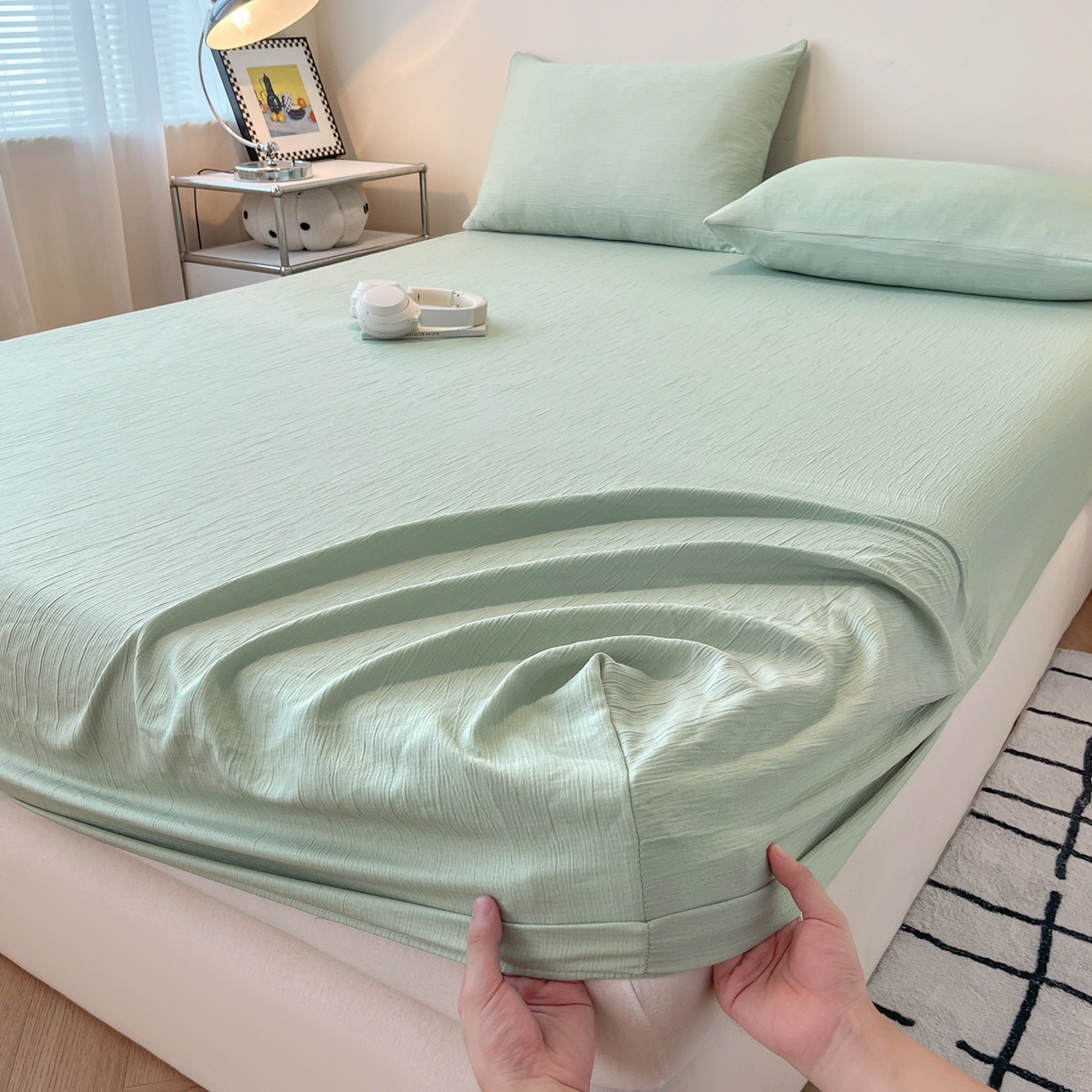 91家纺网 家纺一手货源 找家纺 瑞钰 2025新款透气云感三层纱床笠 水绿