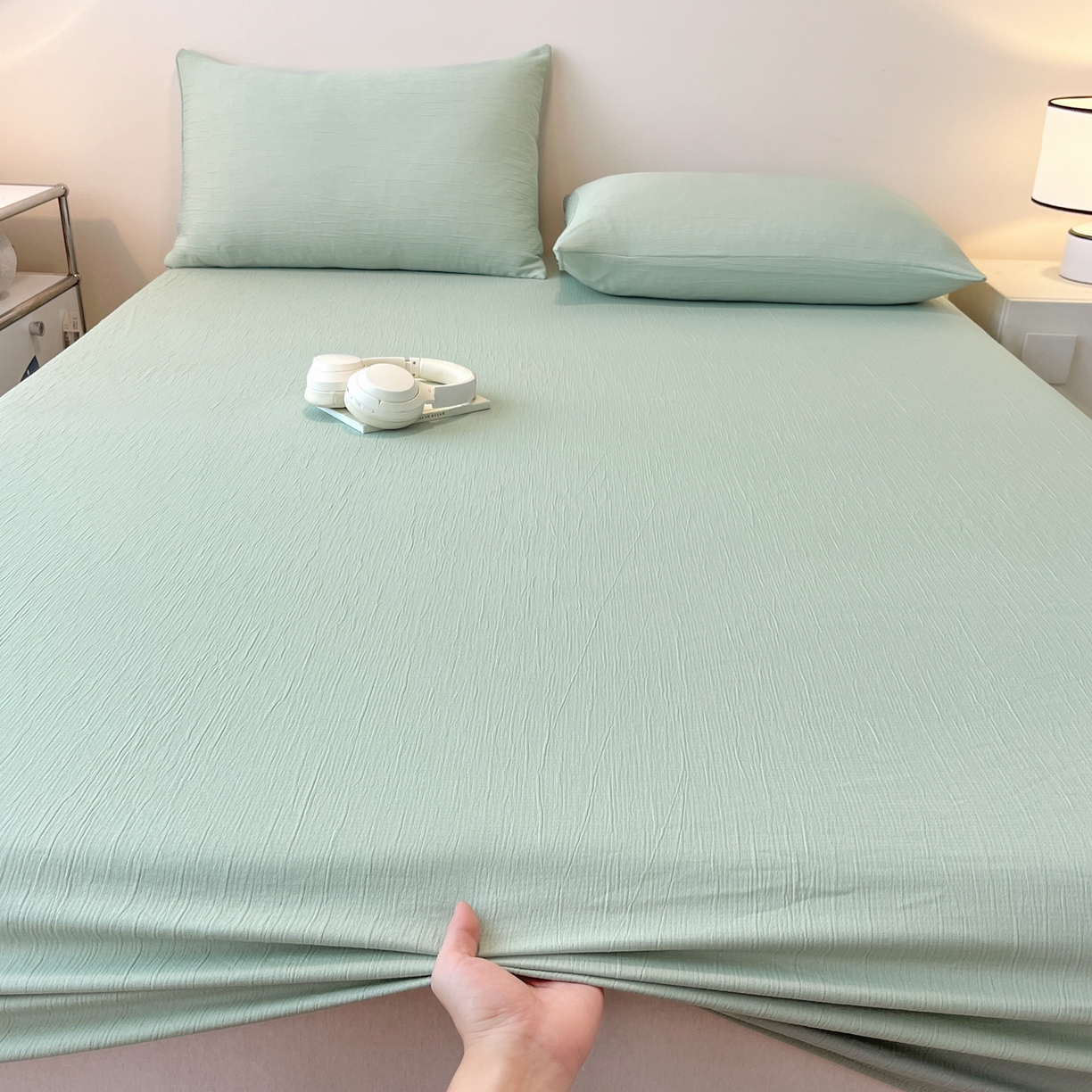 91家纺网 家纺一手货源 找家纺 瑞钰 2025新款透气云感三层纱床笠 水绿