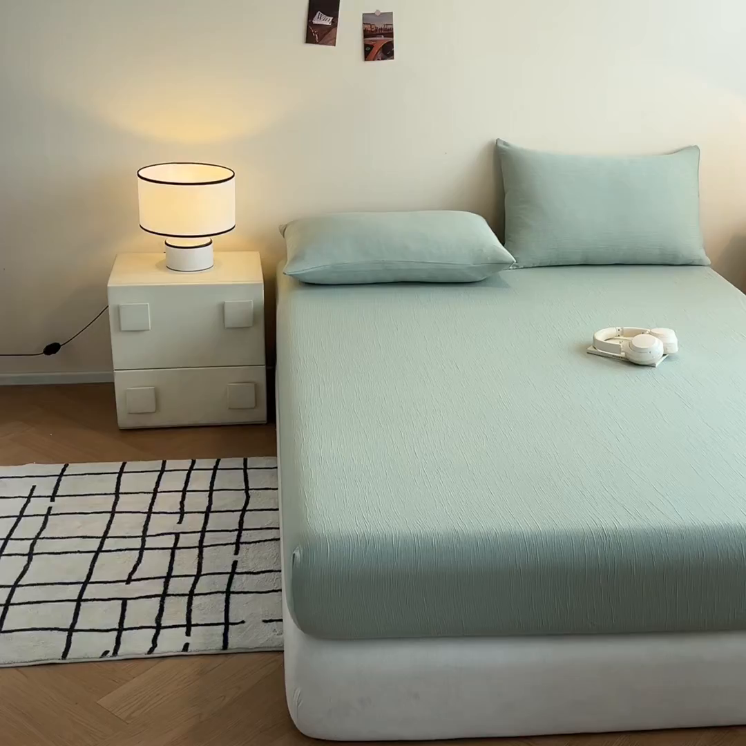 91家纺网 家纺一手货源 找家纺 瑞钰 2025新款透气云感三层纱床笠 水绿