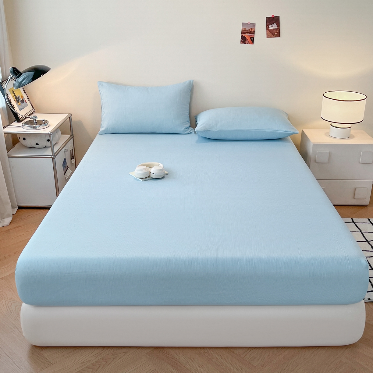 91家纺网 家纺一手货源 找家纺 瑞钰 2025新款透气云感三层纱床笠 天空蓝