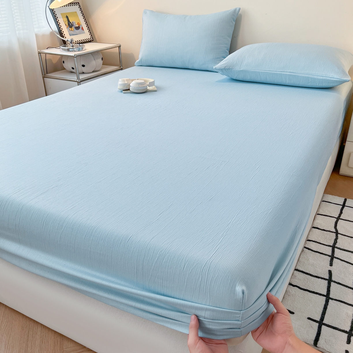 91家纺网 家纺一手货源 找家纺 瑞钰 2025新款透气云感三层纱床笠 天空蓝