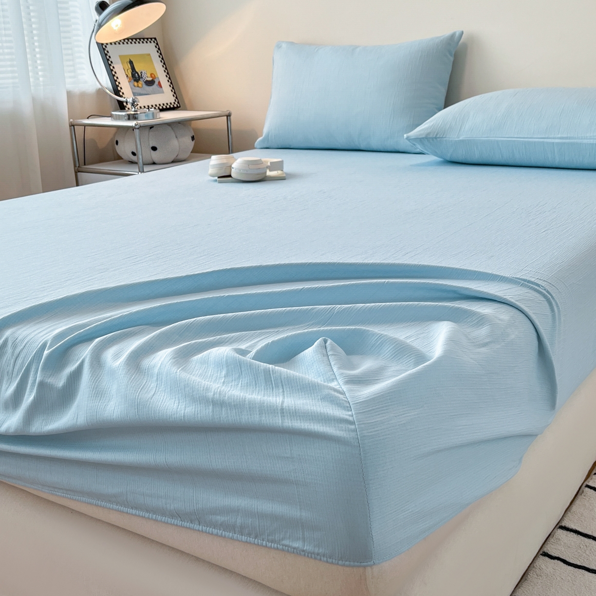 91家纺网 家纺一手货源 找家纺 瑞钰 2025新款透气云感三层纱床笠 天空蓝