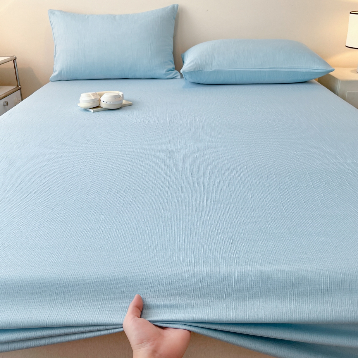 91家纺网 家纺一手货源 找家纺 瑞钰 2025新款透气云感三层纱床笠 天空蓝