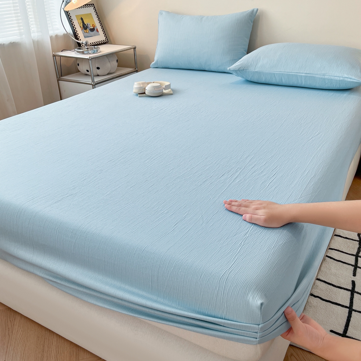 91家纺网 家纺一手货源 找家纺 瑞钰 2025新款透气云感三层纱床笠 天空蓝