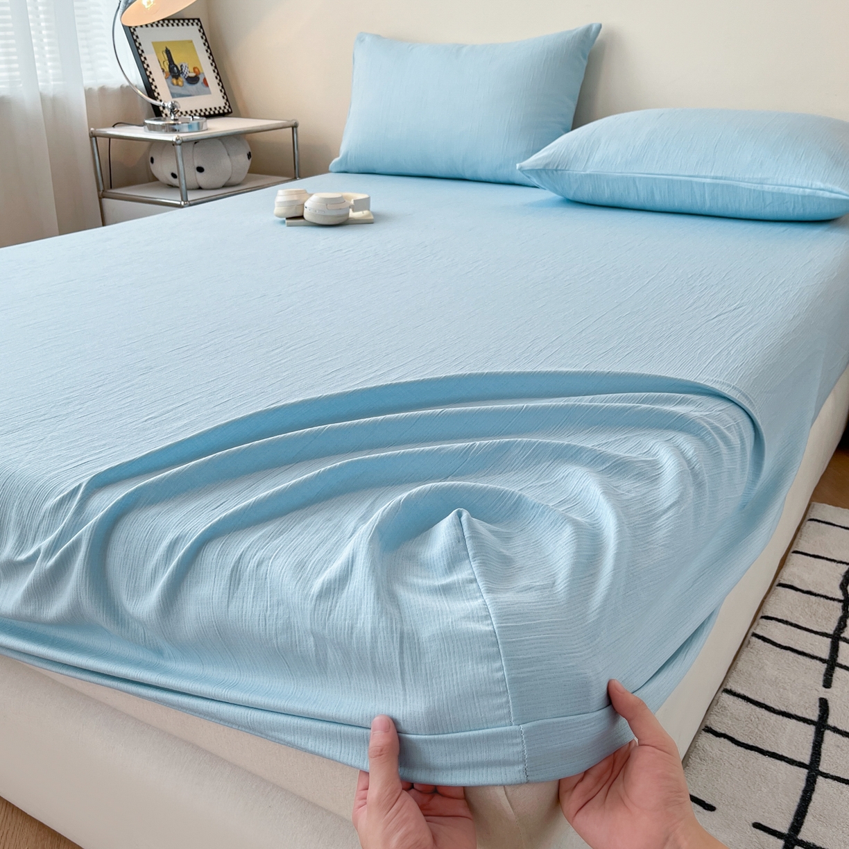 91家纺网 家纺一手货源 找家纺 瑞钰 2025新款透气云感三层纱床笠 天空蓝