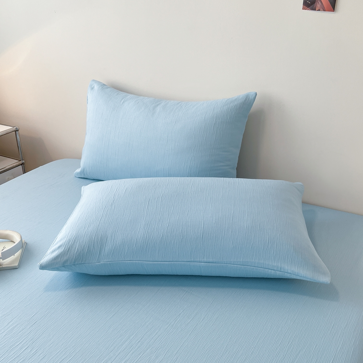 91家纺网 家纺一手货源 找家纺 瑞钰 2025新款透气云感三层纱床笠 天空蓝