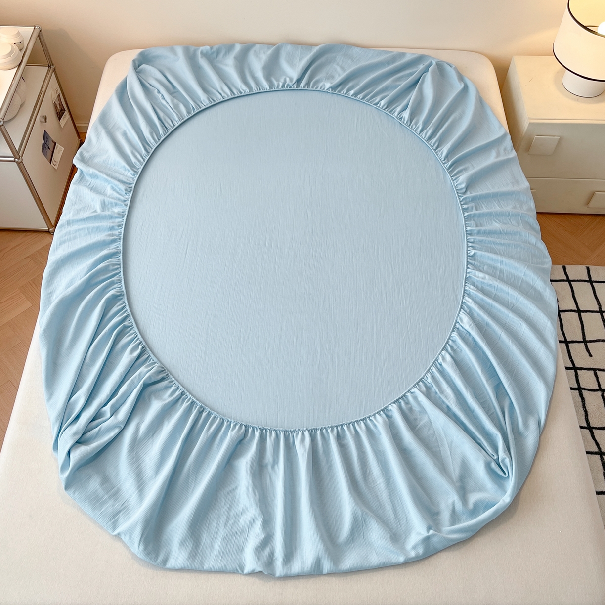 91家纺网 家纺一手货源 找家纺 瑞钰 2025新款透气云感三层纱床笠 天空蓝