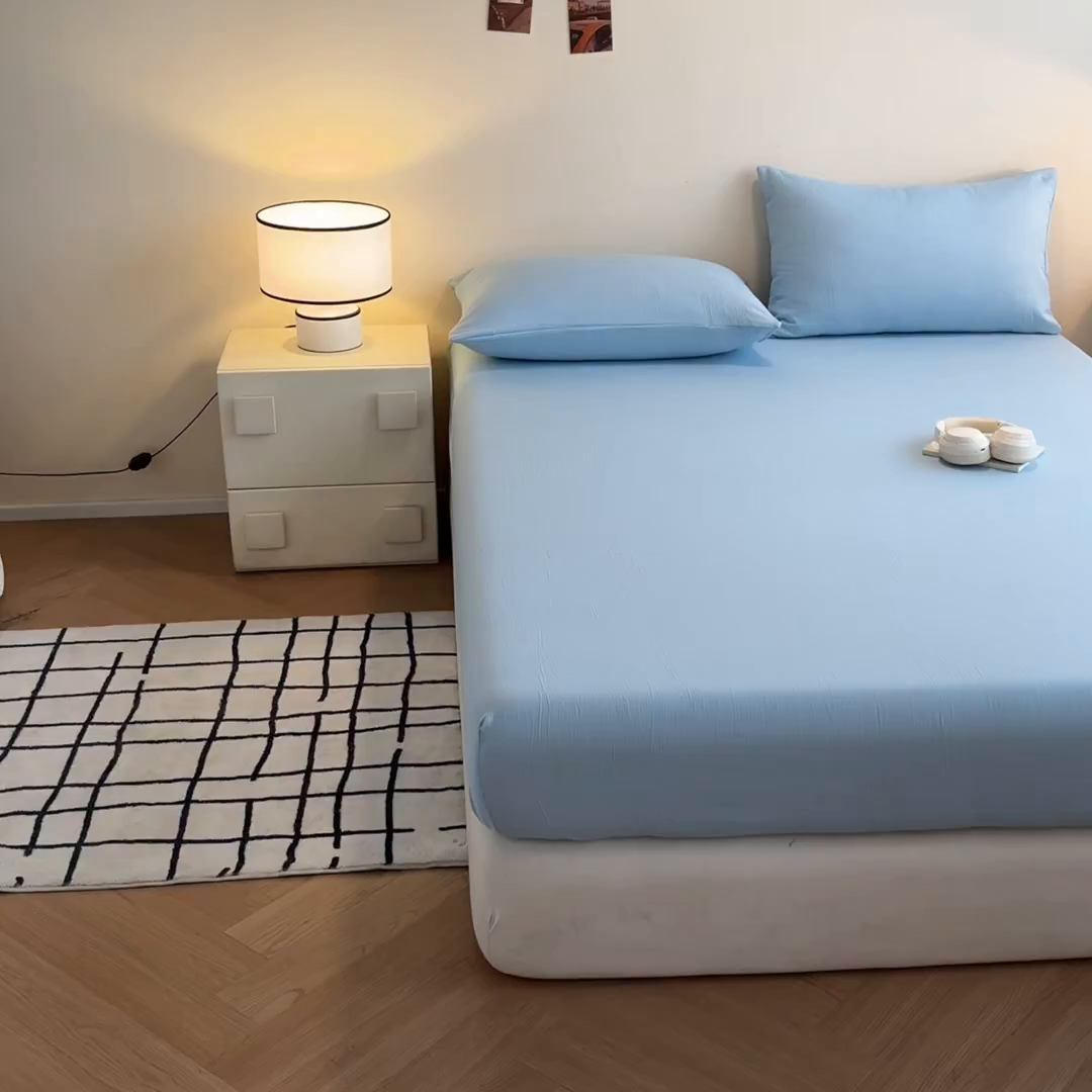 91家纺网 家纺一手货源 找家纺 瑞钰 2025新款透气云感三层纱床笠 天空蓝