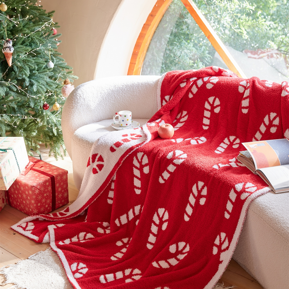 91家纺网 家纺一手货源 找家纺 （总）暖绵绵家纺 2025新款半边绒雪镜拐糖织梦毯-糖果拐杖（最低零售价： 75 *100cm： 94元 105*120cm：145元 120*180cm：188元）