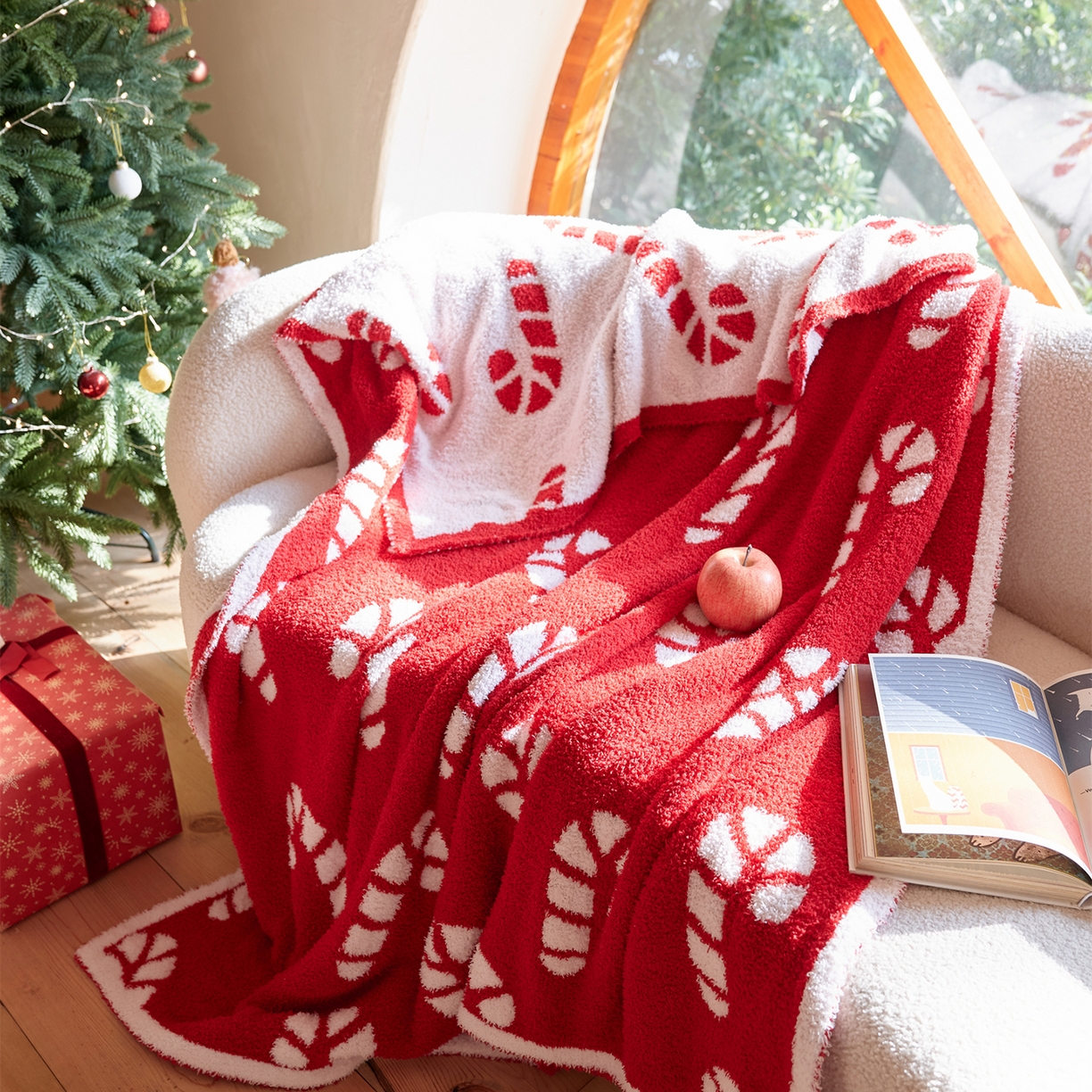 91家纺网 家纺一手货源 找家纺 （总）暖绵绵家纺 2025新款半边绒雪镜拐糖织梦毯-糖果拐杖（最低零售价： 75 *100cm： 94元 105*120cm：145元 120*180cm：188元）