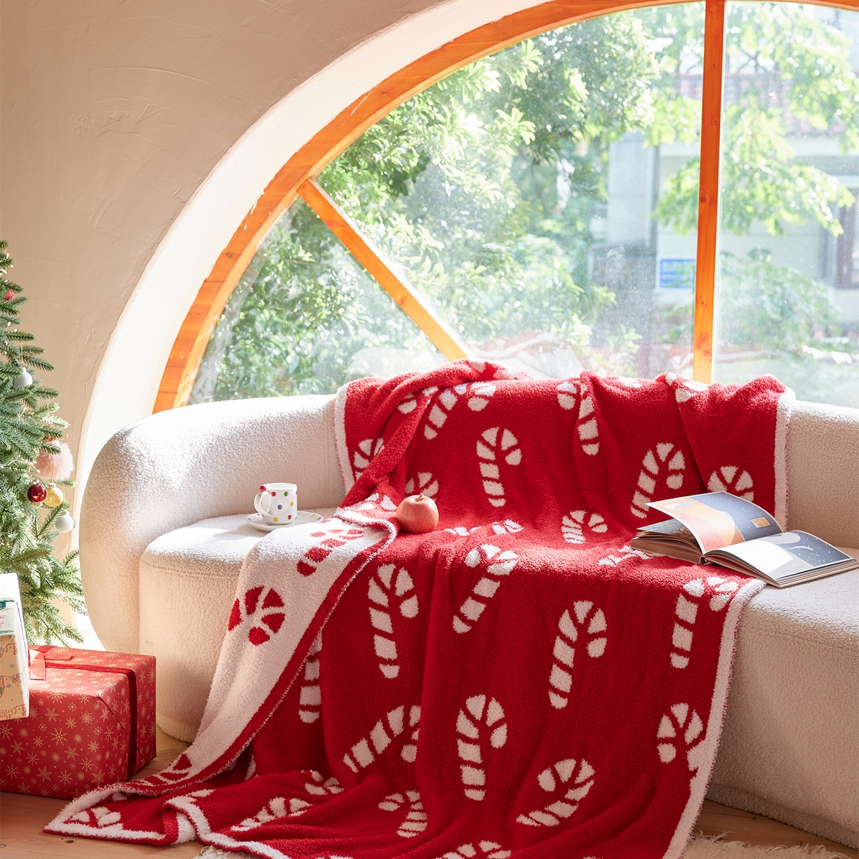 91家纺网 家纺一手货源 找家纺 （总）暖绵绵家纺 2025新款半边绒雪镜拐糖织梦毯-糖果拐杖（最低零售价： 75 *100cm： 94元 105*120cm：145元 120*180cm：188元）